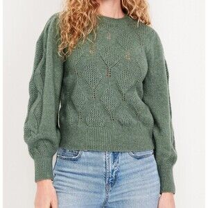 Old Navy Pointelle Sweater L Balloon Sleeves Open Knit Cozy Softgirl Fairy